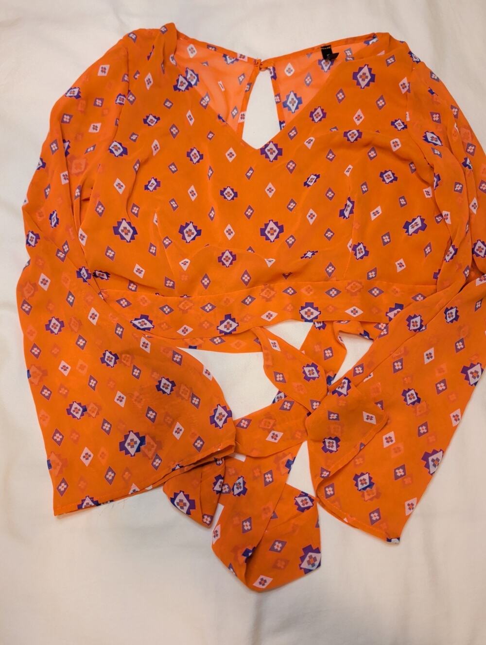 Interi Wrap Blouse Size Small Orange Geometric Medallion Print V-Neck Tie Front